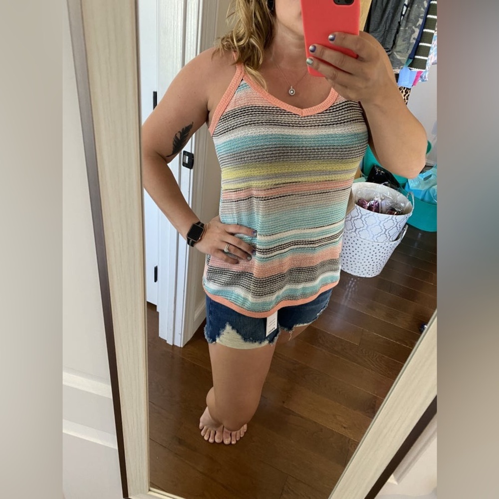 Peach Teal Yellow Tan Stripe Tank Top size small